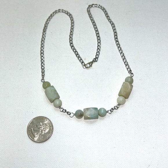 Handmade Natural Amazonite Gemstone Bead Station Stainless Steel Necklace Modern - Picture 6 of 9